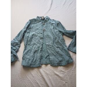 Citron Santa Monica Women Blue Silk Top Shirt Gauzy wooden button Button Up  XS